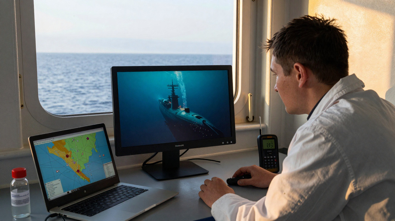Homem observa tela com submarino em ambiente de navio com equipamentos eletrônicos e janela para o mar.
