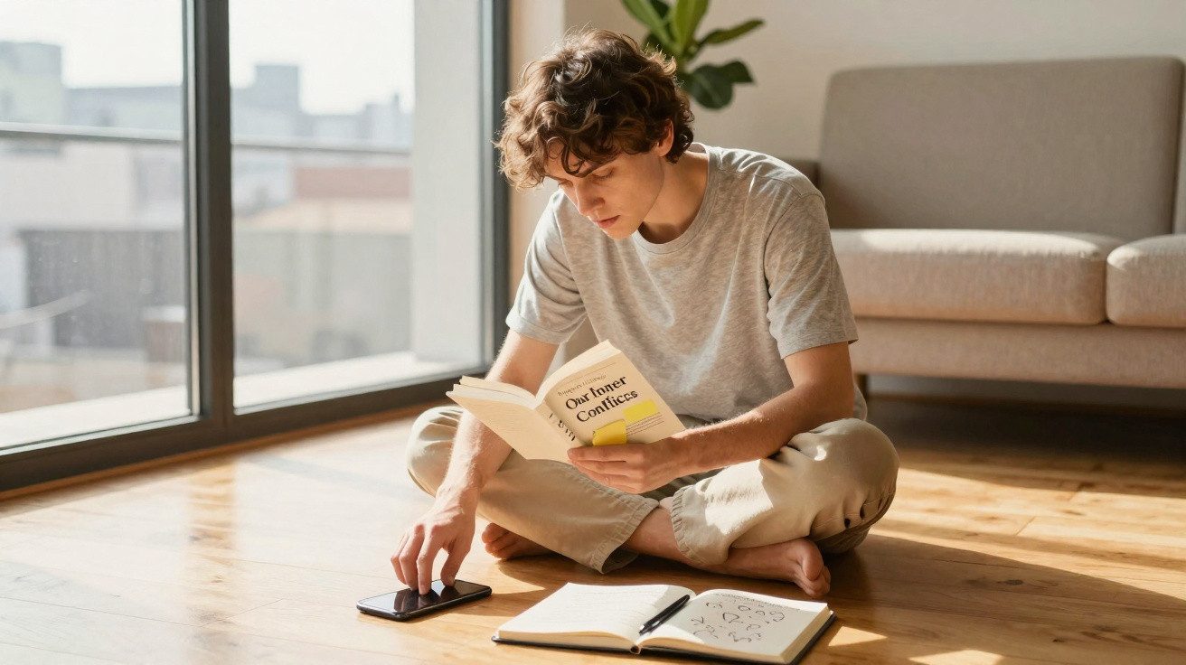 Jovem sentado no chão lendo livro, com caderno e celular ao lado, em sala iluminada pelo sol.