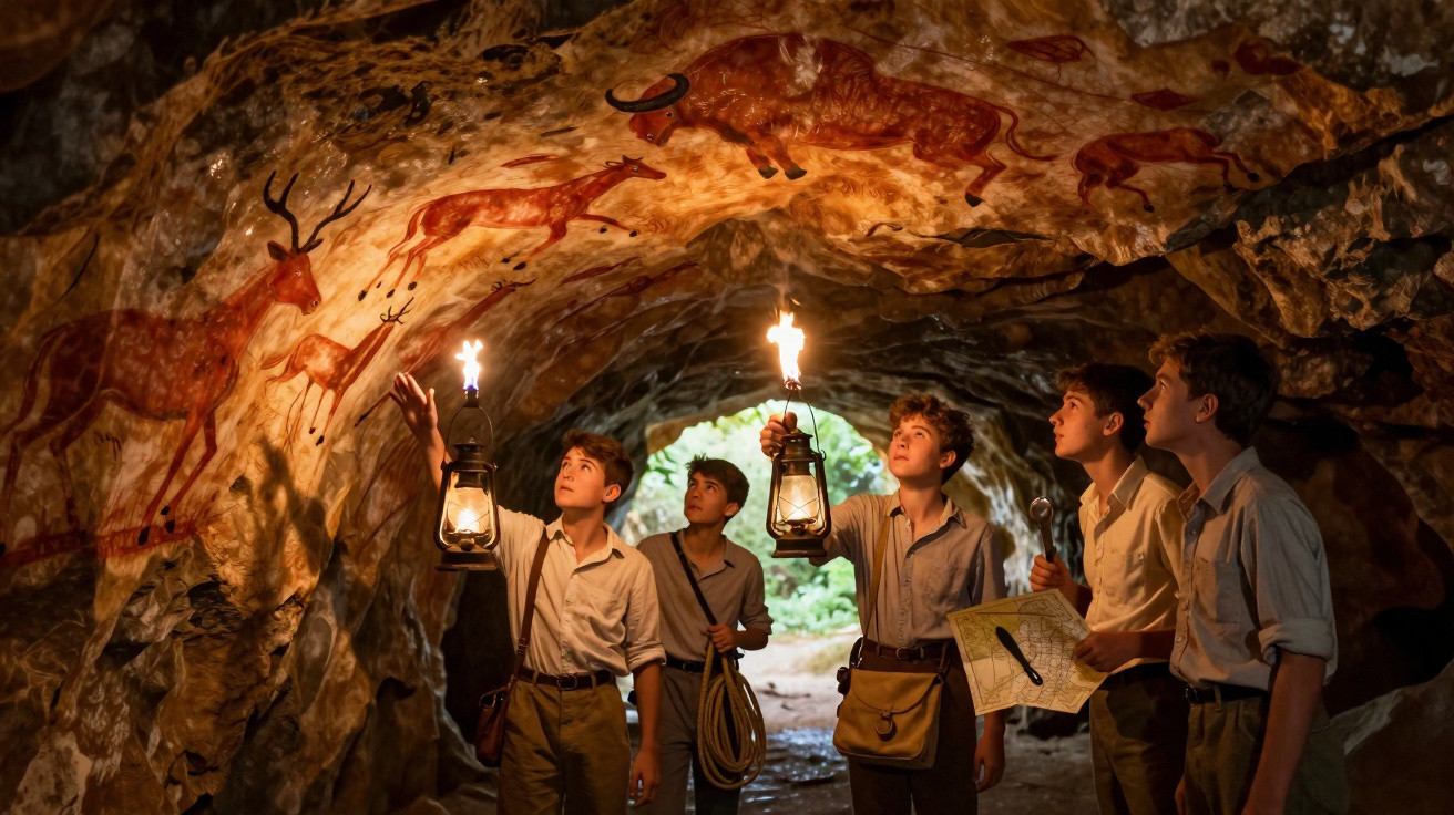 Garotos exploram caverna com lanternas, observando pinturas rupestres de animais na parede da caverna.