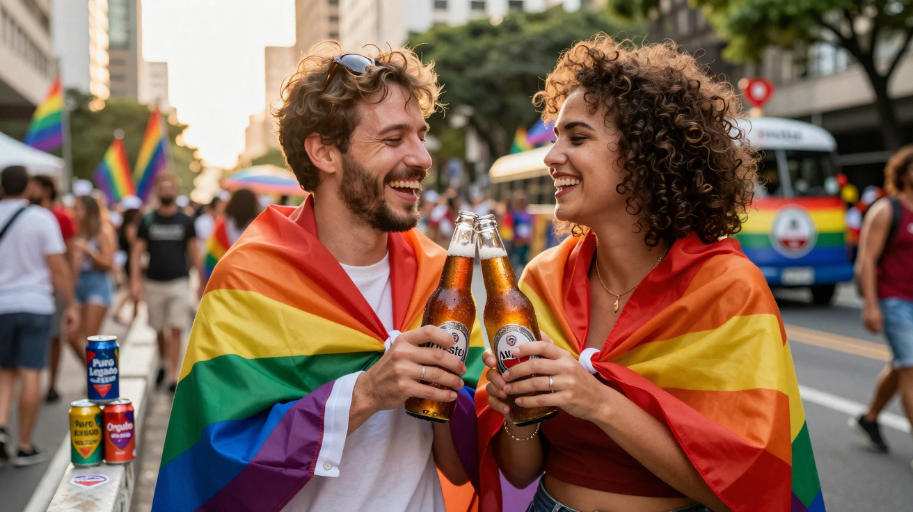 Casal sorridente com bandeiras do arco-íris celebrando com cervejas em evento ao ar livre.