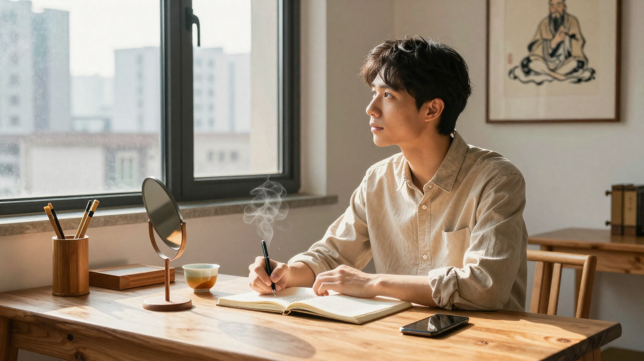 Jovem sentado à mesa escrevendo em caderno, olhando pela janela em ambiente iluminado e tranquilo.