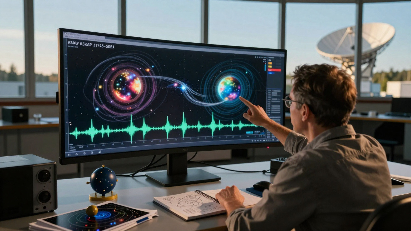 Homem analisando dados científicos de dois planetas coloridos em monitor de computador em escritório moderno.