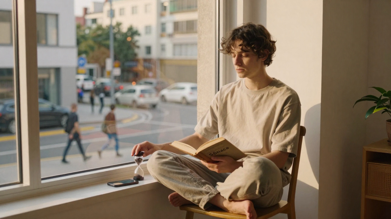 Jovem sentado lendo livro perto da janela, segurando ampulheta, com trânsito e pedestres ao fundo.