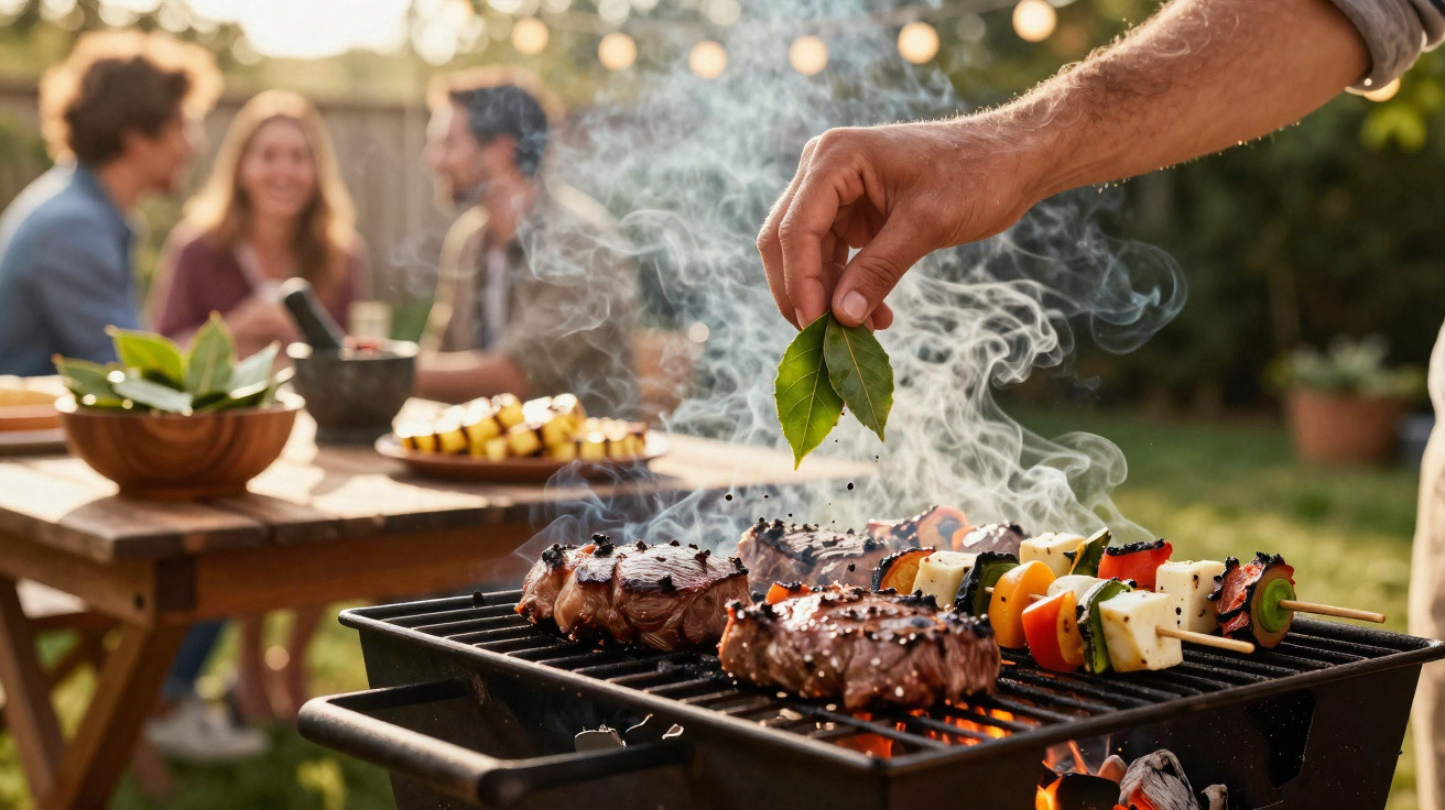 Churrasco ao ar livre com carnes e legumes na grelha, enquanto pessoas conversam ao fundo em jardim.