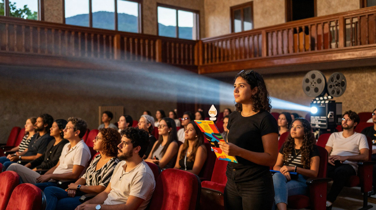 Pessoas assistindo a um filme em cinema com projetor antigo e uma mulher em pé segurando um folheto.