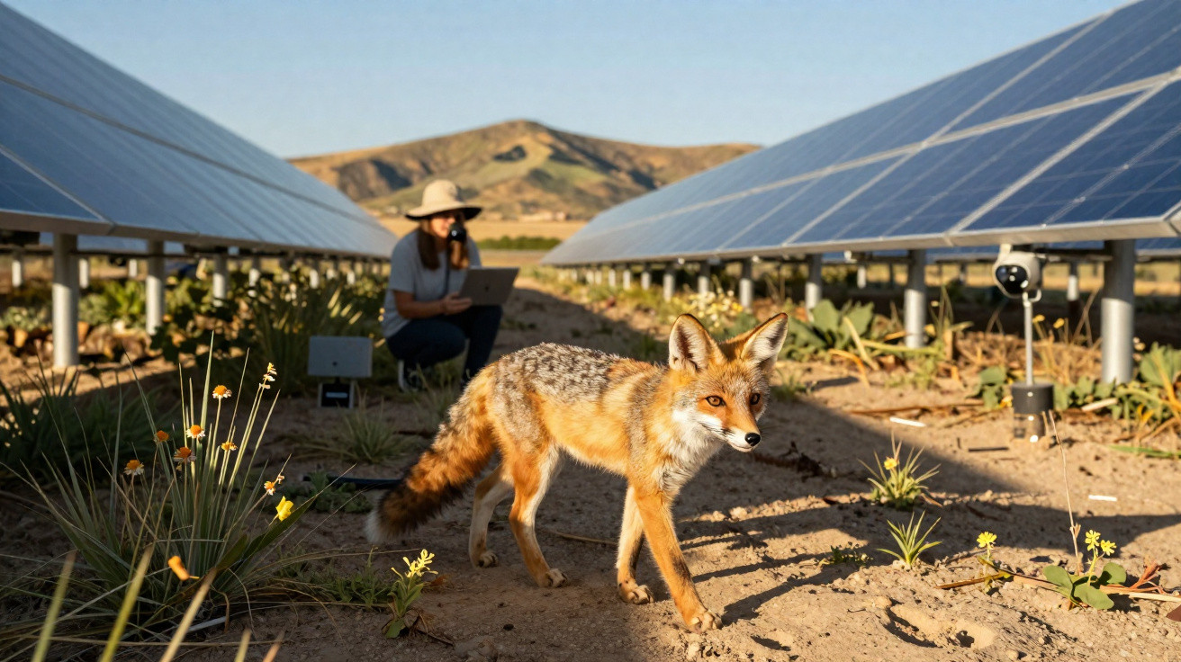 Raposa caminhando entre painéis solares com mulher usando chapéu e laptop ao fundo em área rural.