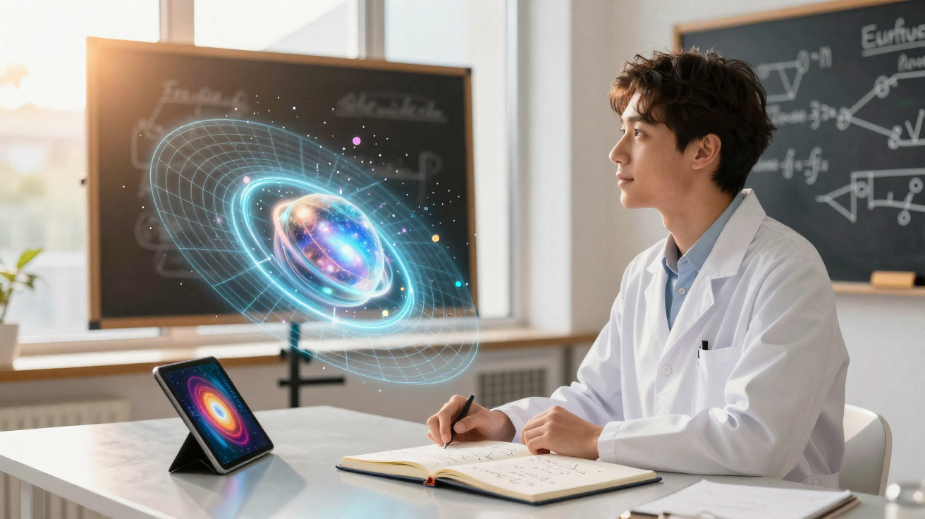 Jovem cientista estudando holograma de sistema solar na mesa com tablet e caderno em sala de aula.