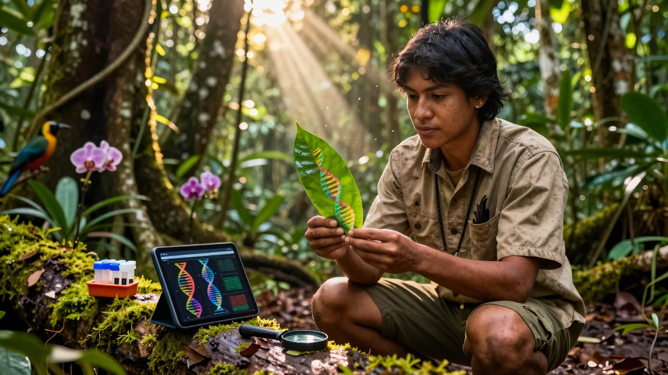 Jovem cientista analisa folha com ilustração de DNA em floresta, com tablet e tubos de ensaio ao lado.