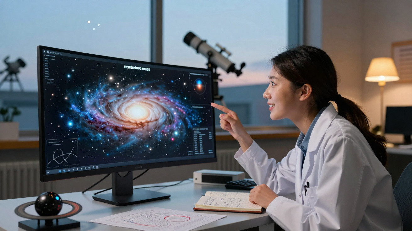 Mulher cientista observa e interage com imagem de galáxia espiral em tela de computador no laboratório.