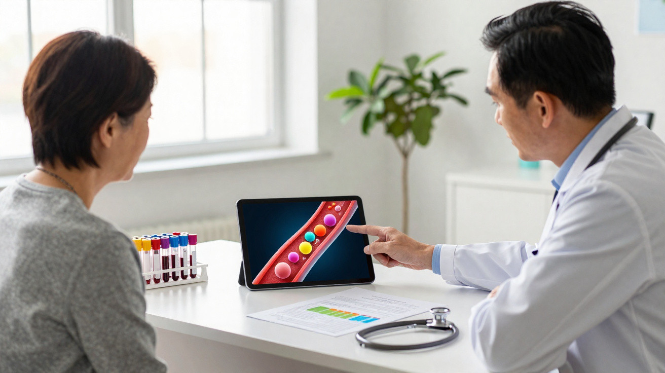 Médico examina imagem de células sanguíneas em tablet enquanto conversa com paciente em consultório.