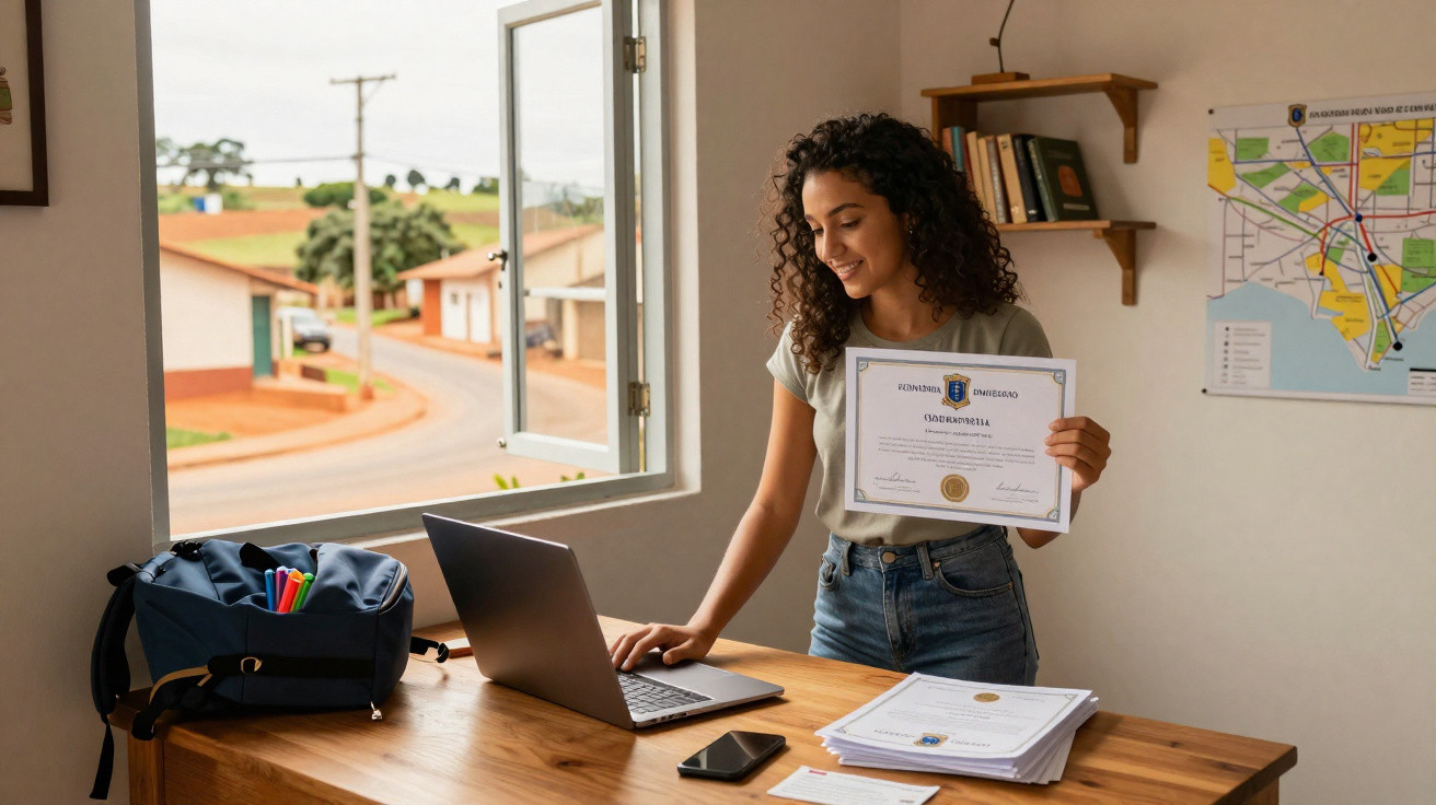 Mulher jovem sorrindo com certificado na mão, em frente a notebook sobre mesa de madeira.