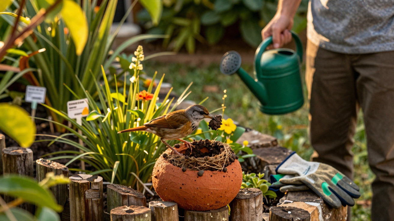 Pássaro arrumando ninho em vaso de barro com terra, próximo a pessoa segurando regador verde.