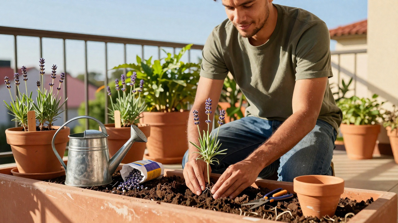 Homem plantando lavanda em jardim elevado na varanda ensolarada com regador e ferramentas ao lado.