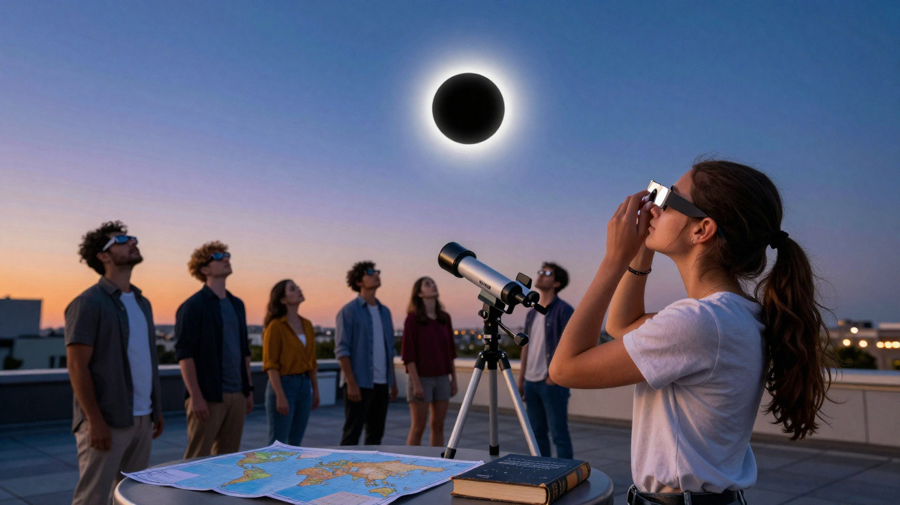 Grupo de pessoas observando eclipse solar com óculos especiais e telescópio ao anoitecer.