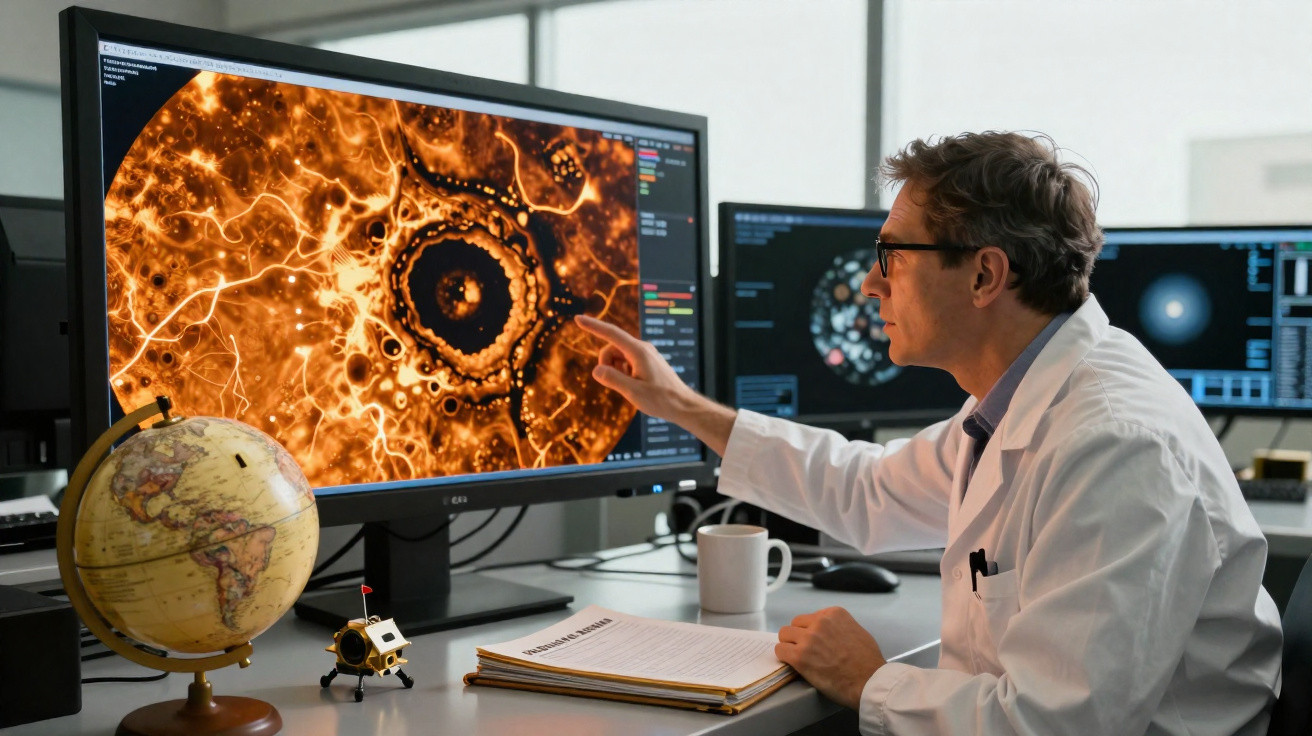 Cientista analiza imagem microscópica laranja em tela de computador em laboratório moderno.