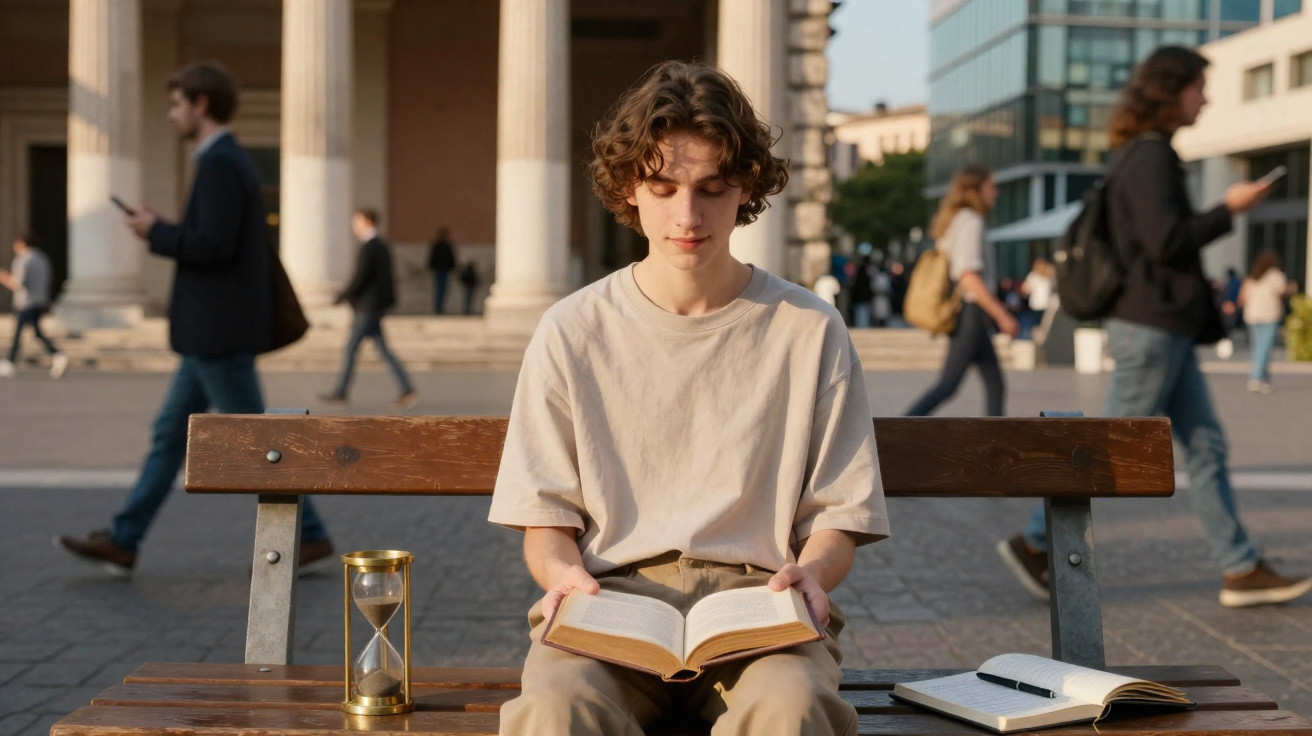 Jovem sentado em banco lendo livro com ampulheta e caderno ao lado em praça movimentada.