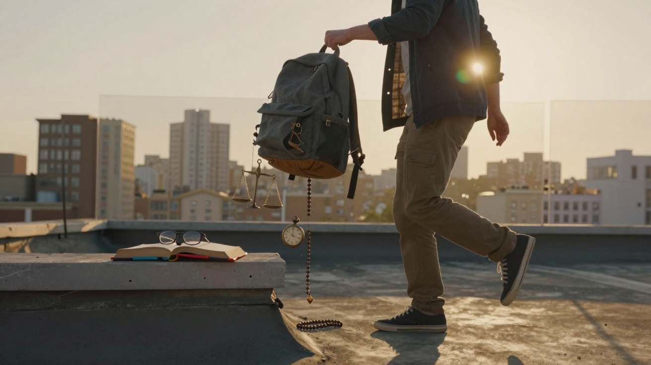 Pessoa segurando mochila com balança e relógio pendurados, ao lado de livro e óculos em telhado urbano ao pôr do sol.