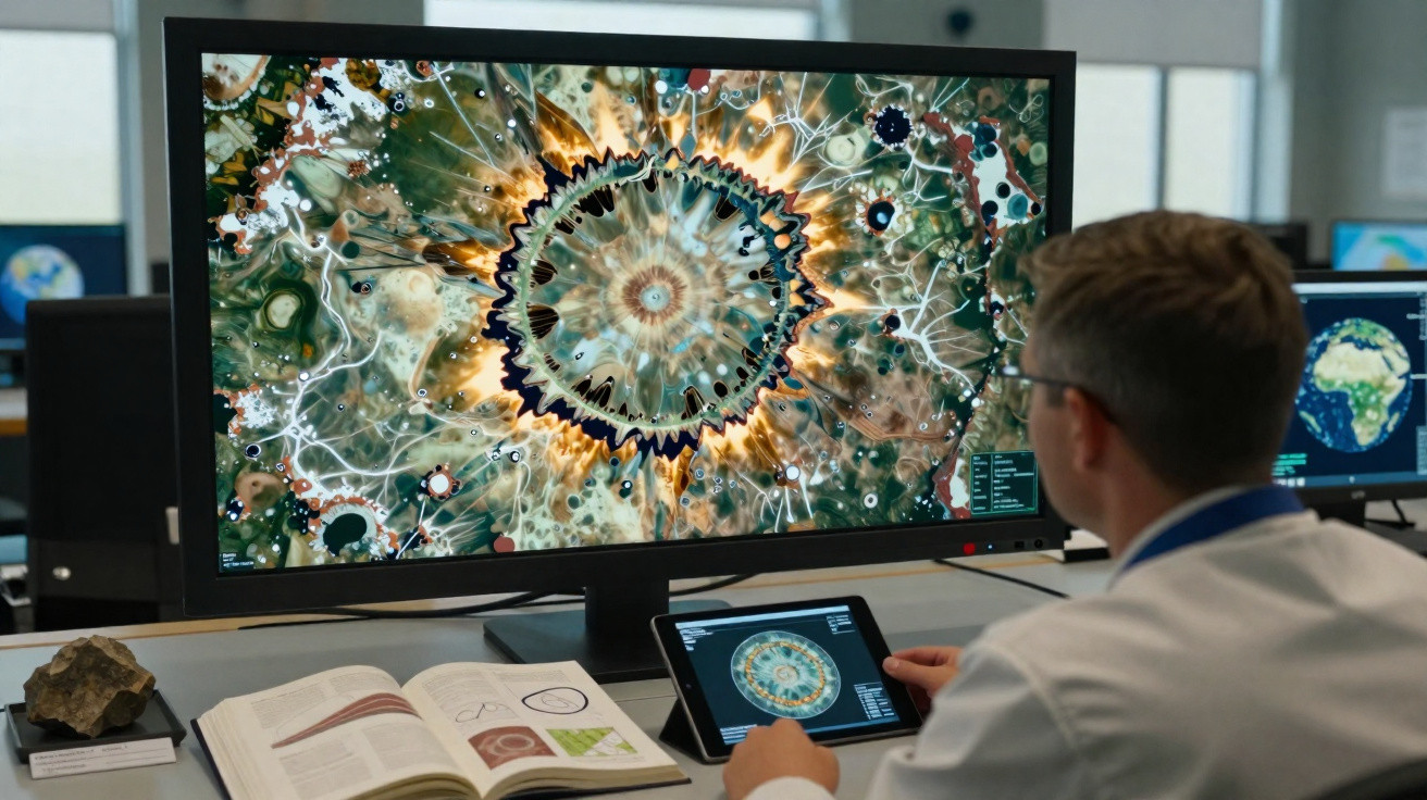 Pesquisador observa padrão fractal colorido em grandes tela e tablet, com livro aberto e amostra de rocha na mesa.