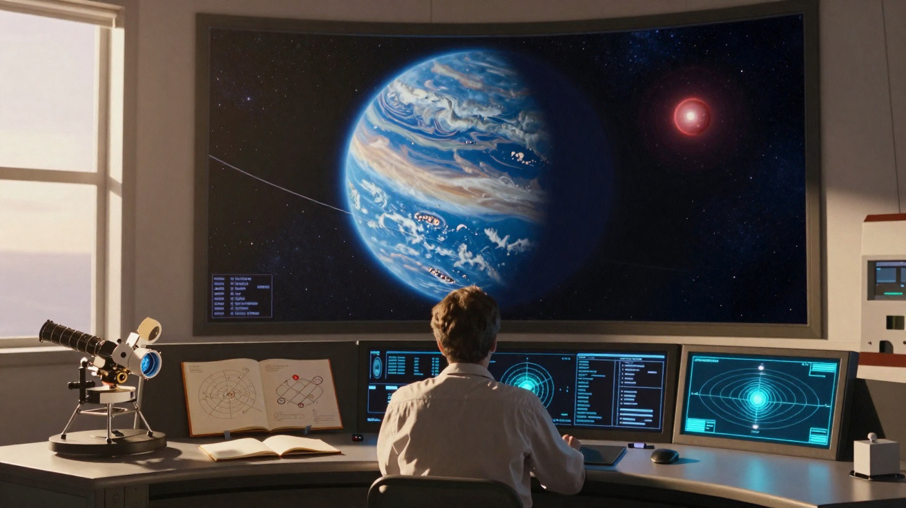 Pessoa observando um planeta azul gigante em uma tela curva com equipamentos astronômicos em ambiente interno.