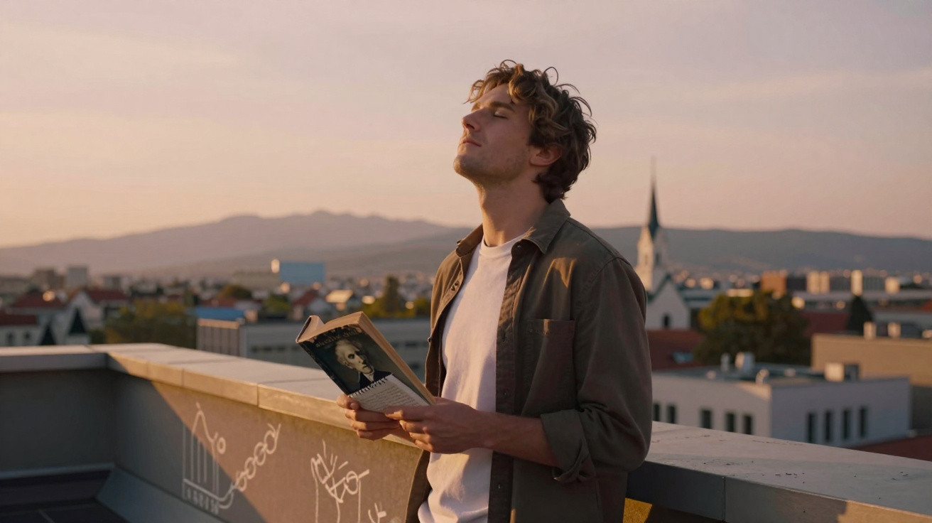Jovem em pé no terraço ao pôr do sol, segurando um livro aberto e apreciando a paisagem urbana.