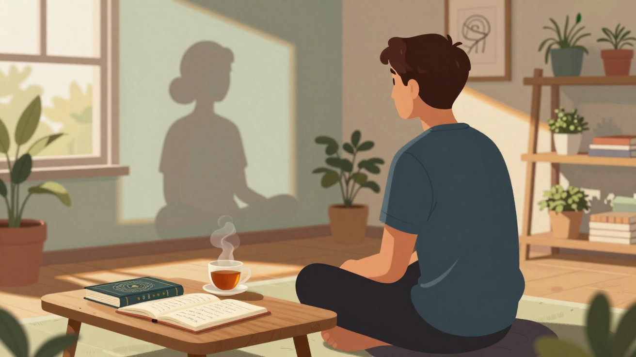 Jovem sentado no chão meditando, com sombra projetada na parede e mesa com livros e chá.