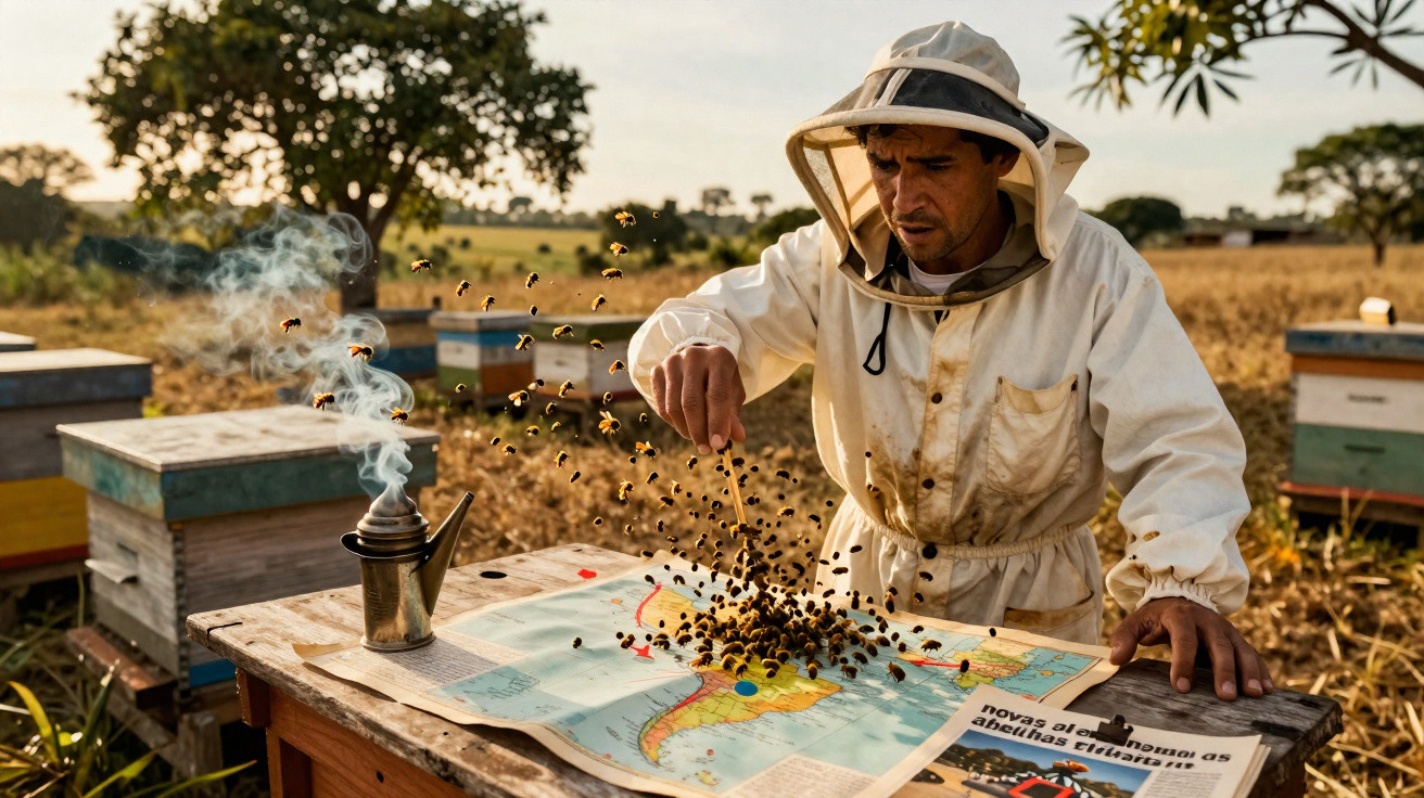 Apicultor com roupa protetora manipulando abelhas sobre mapa em área rural ao entardecer.