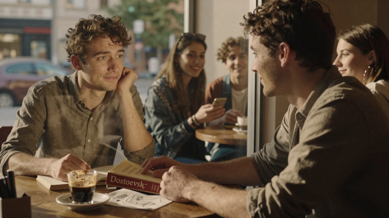 Dois homens conversam com livro e café à mesa de cafeteria, enquanto três pessoas ao fundo sorriem.