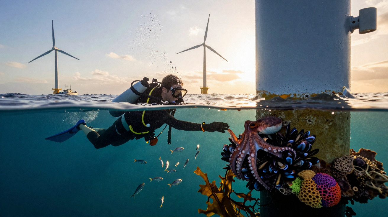 Mergulhador observa polvo agarrado a estrutura submersa próxima a turbinas eólicas no mar ao pôr do sol.