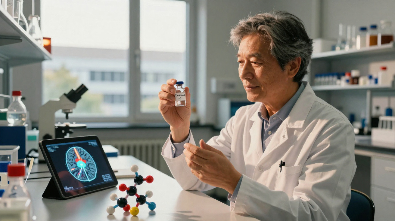 Cientista em laboratório analisando frasco de vacina contra Alzheimer com modelo molecular e imagem cerebral no tablet.