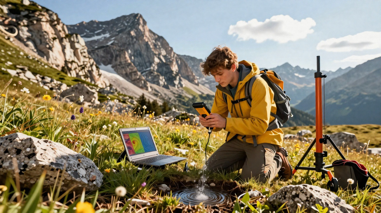 Jovem usando equipamento de medição científica em área montanhosa com flores e laptop ao ar livre.