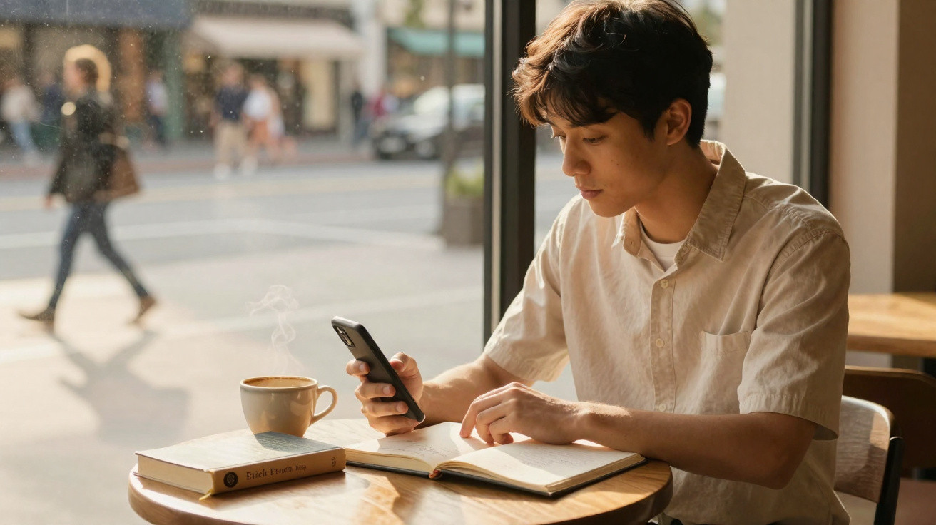 Jovem sentado em café lendo livro e olhando para o celular com xícara de café fumegante na mesa.
