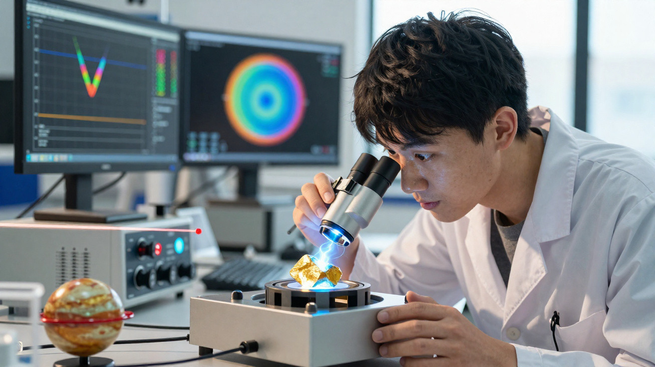 Cientista analisa amostras de rochas douradas em laboratório com microscópio e equipamentos científicos.