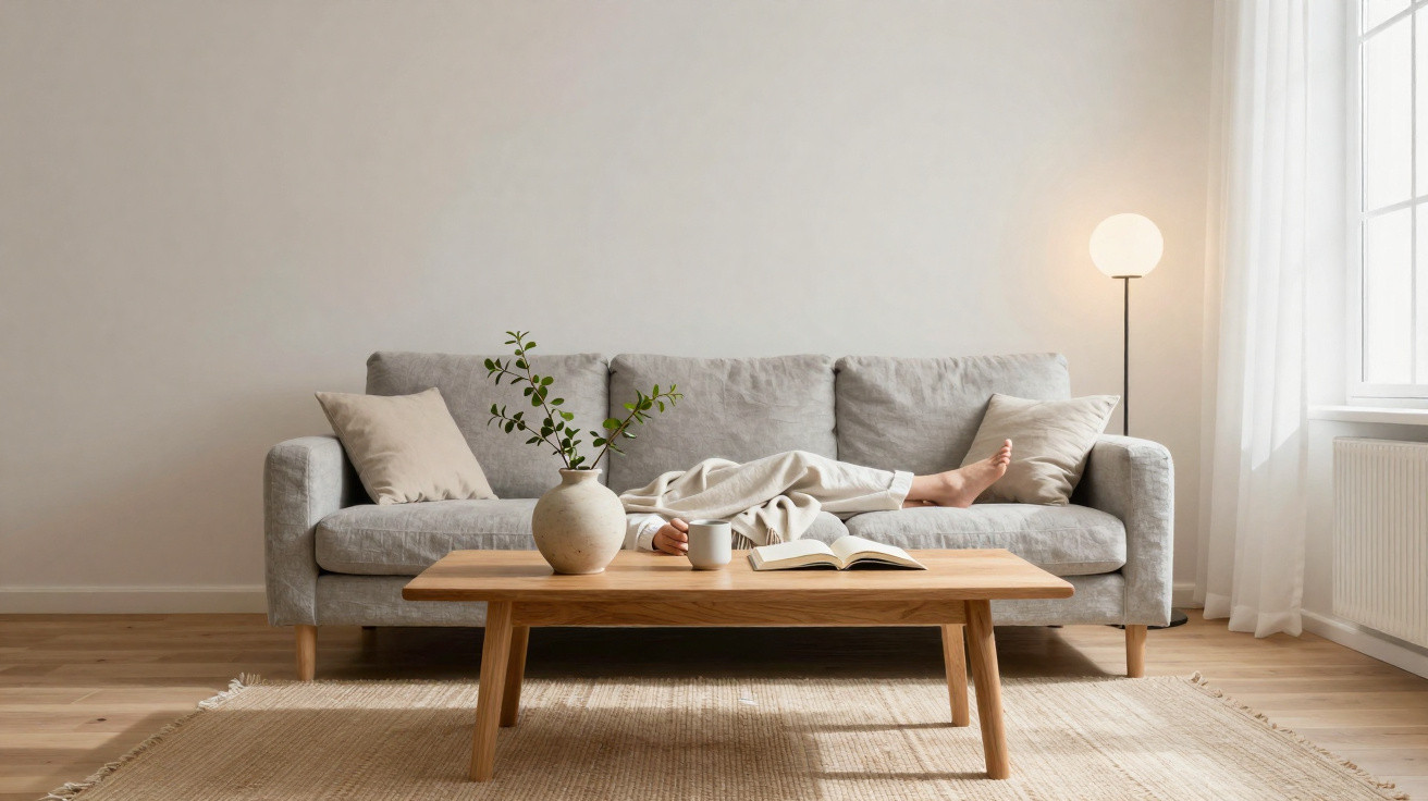 Pessoa descansando no sofá cinza em sala minimalista com mesa de madeira e vaso decorativo.