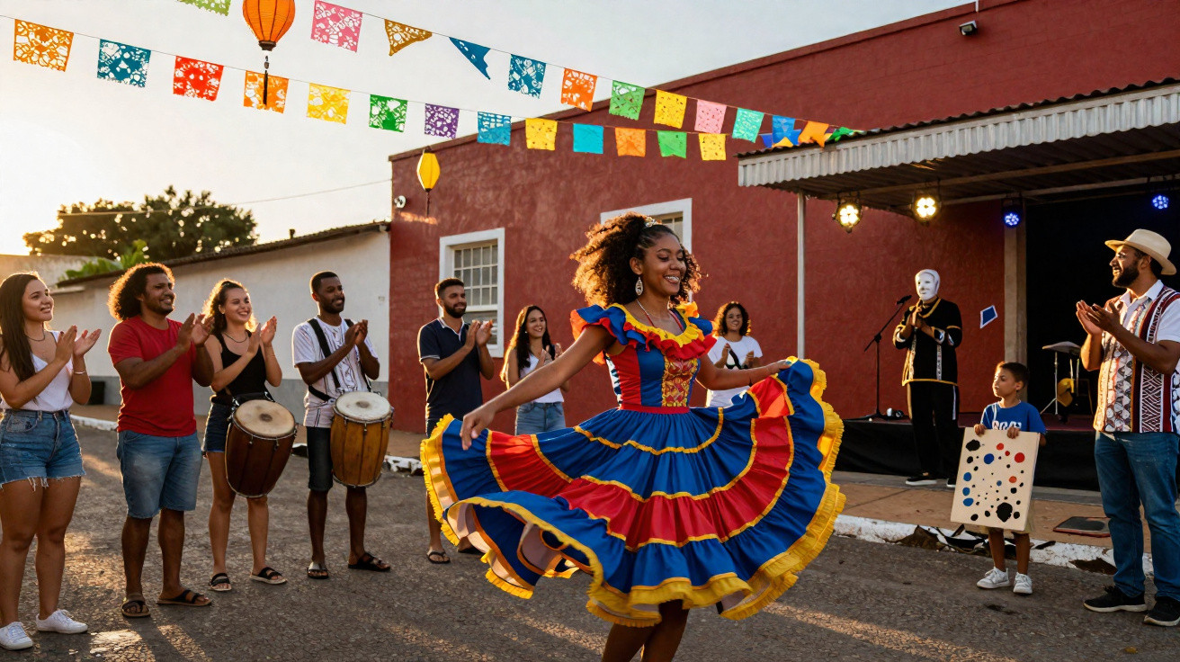 Mulher dança com vestido colorido em festa de rua com música ao vivo e pessoas aplaudindo.