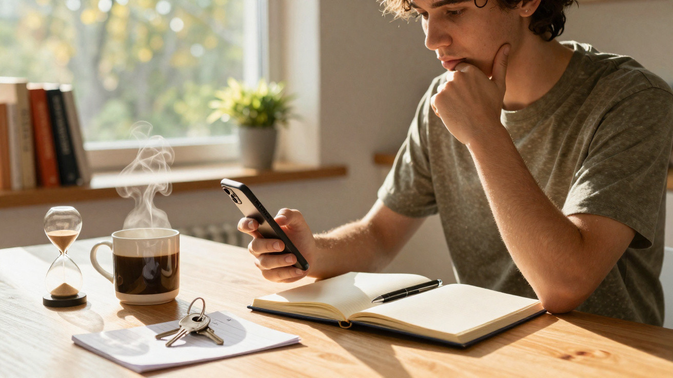 Jovem pensa olhando para celular, com caderno aberto, caneca de café quente e ampulheta na mesa iluminada.