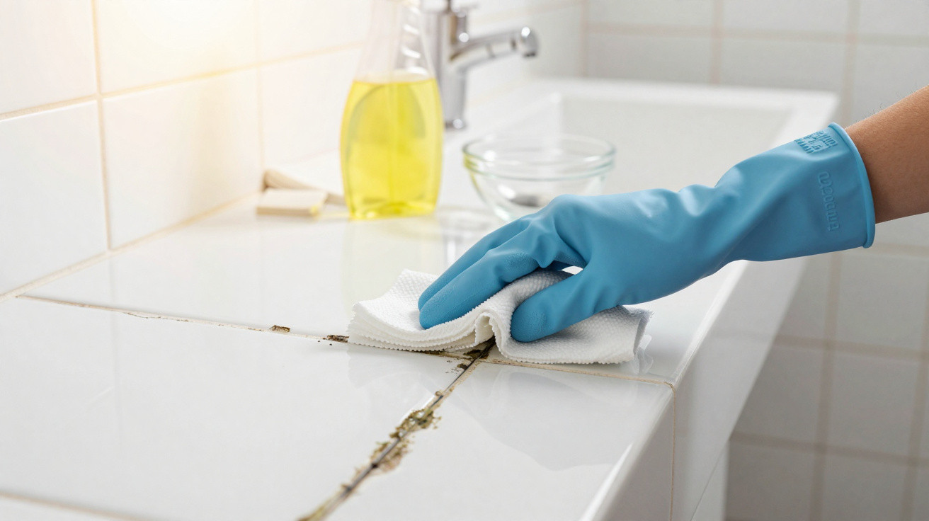 Mão com luva azul limpando rejunte sujo de superfície branca com pano branco.