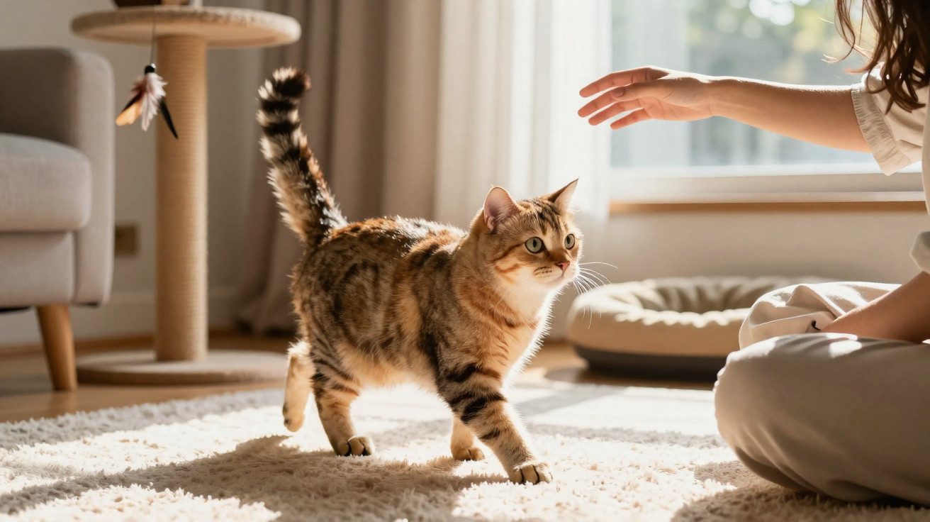 Gato doméstico marrom andando em tapete felpudo enquanto pessoa estende a mão para acariciar.