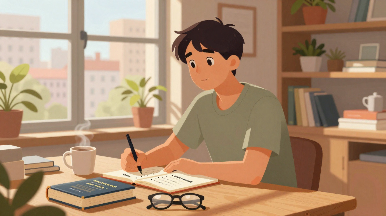 Jovem estudando e escrevendo em caderno com livro, óculos e café em mesa iluminada pela janela.