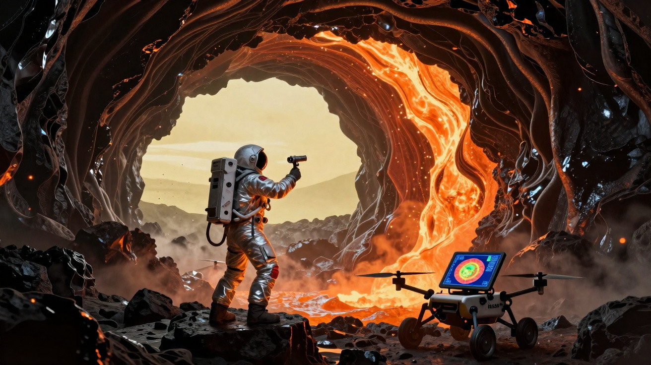 Astronauta com câmera explora caverna vulcânica com lava ativa e drone equipado com tela colorida.
