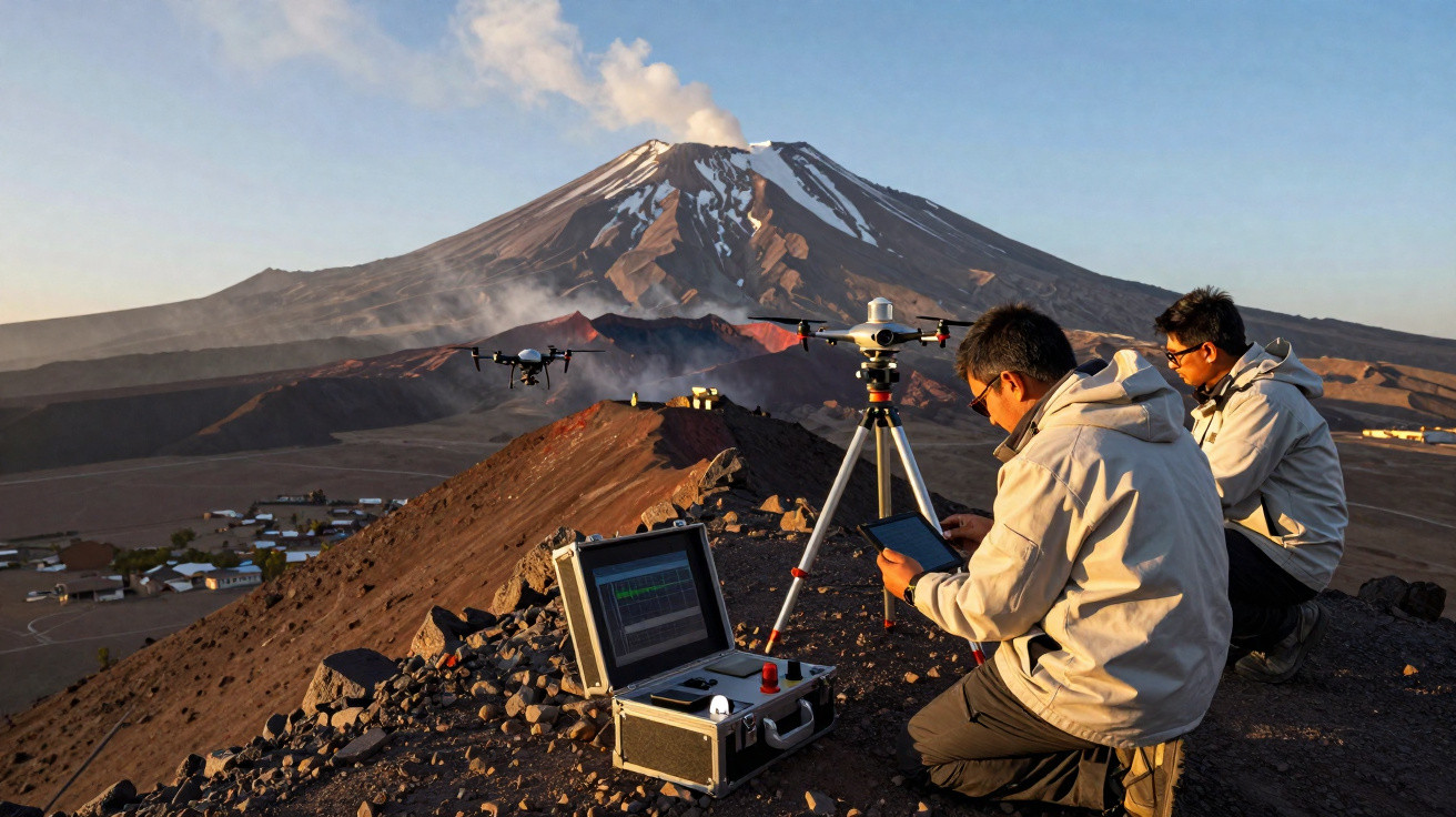 Dois cientistas operam drones em área montanhosa com vulcão ativo ao fundo e equipamentos de monitoramento ao sol.