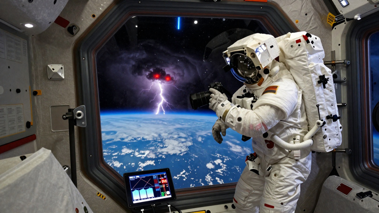Astronauta dentro da estação espacial observando um raio na atmosfera da Terra.