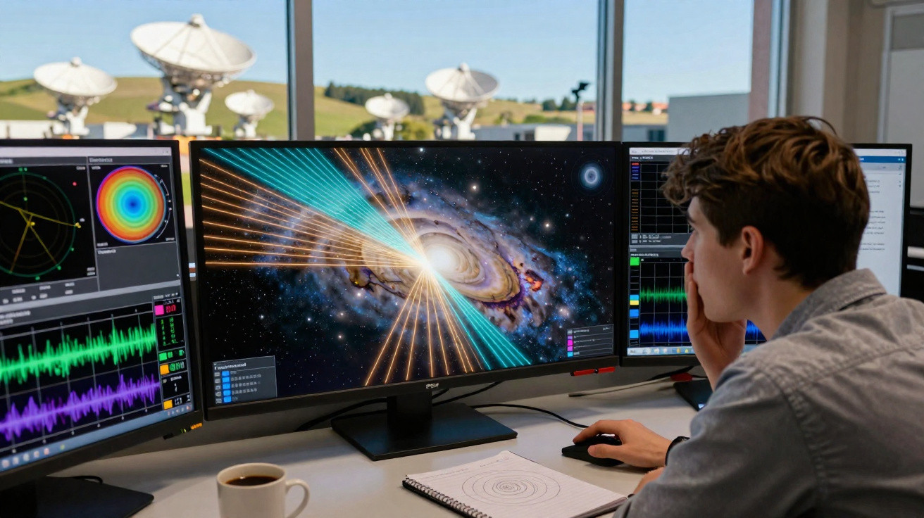 Homem analisando dados astronômicos em múltiplos monitores com antenas parabólicas ao fundo.