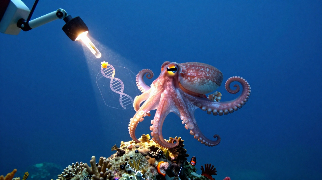 Polvo marinho iluminado por luz com hélice de DNA em ambiente subaquático colorido.
