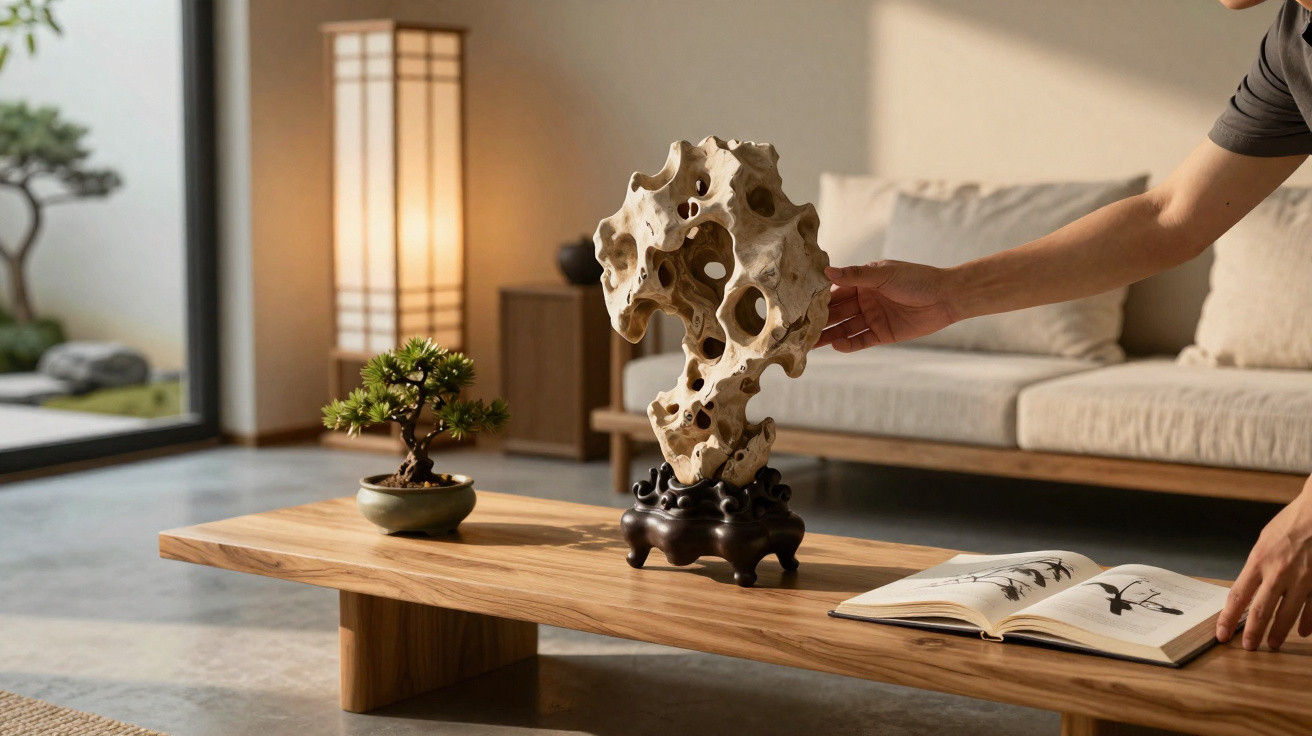Mão ajusta escultura de pedra sobre mesa de madeira com bonsai e livro aberto em sala iluminada.