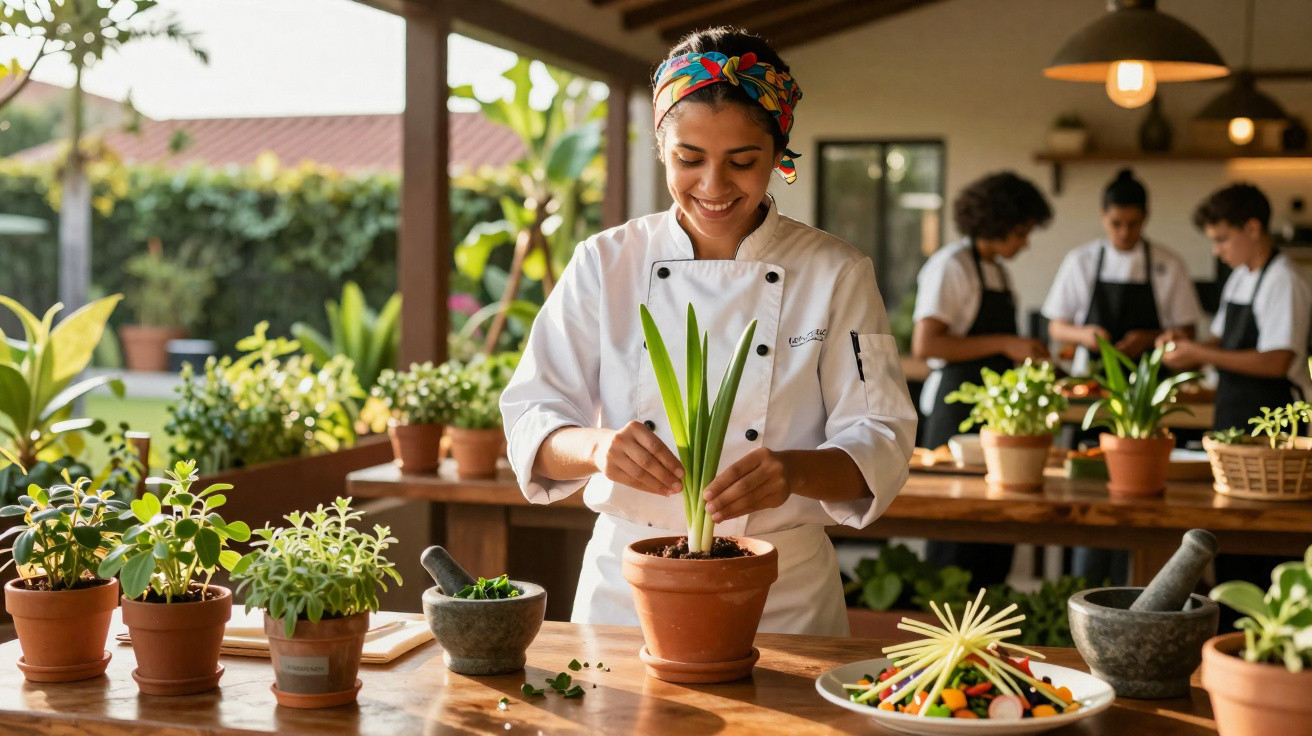 Mulher sorridente plantando em vaso, cercada por plantas e utensílios de cozinha em ambiente iluminado.