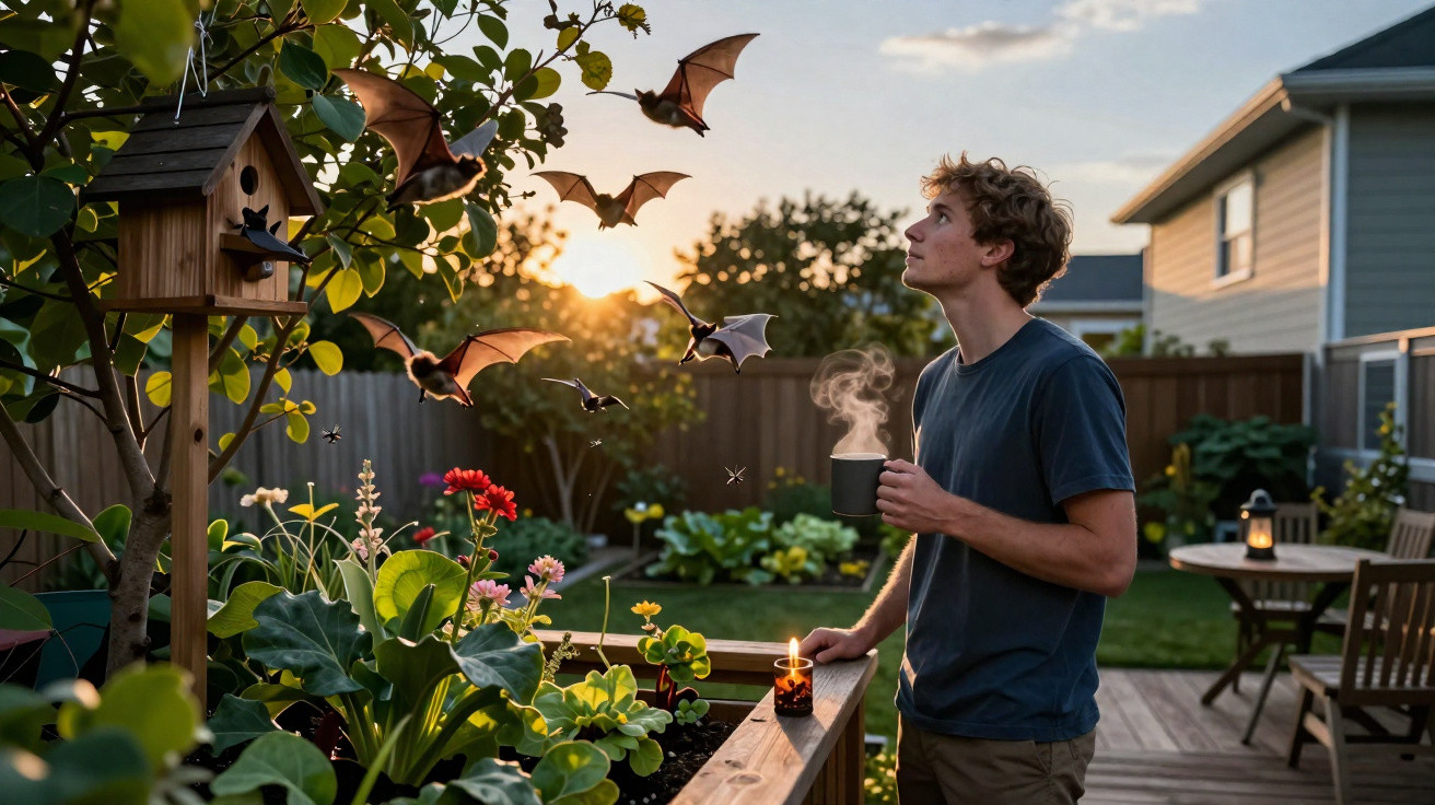 Jovem segurando xícara observa morcegos voando perto de casa e jardim ao pôr do sol.