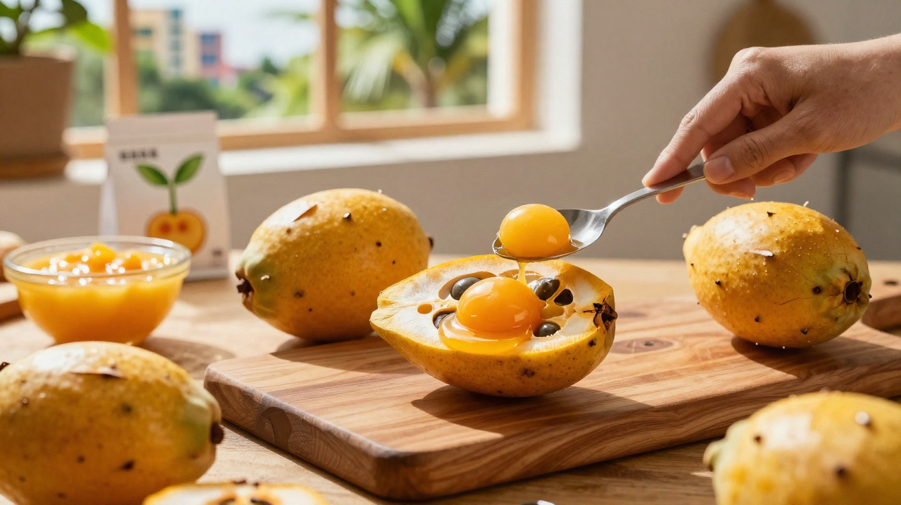 Fruta paxá amarela cortada ao meio com polpa e sementes visíveis, uma mão segurando colher com polpa.