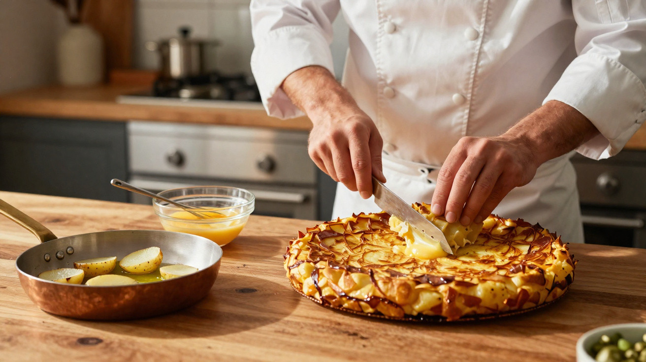 Chef cortando torta de maçã dourada em bancada de madeira na cozinha doméstica.