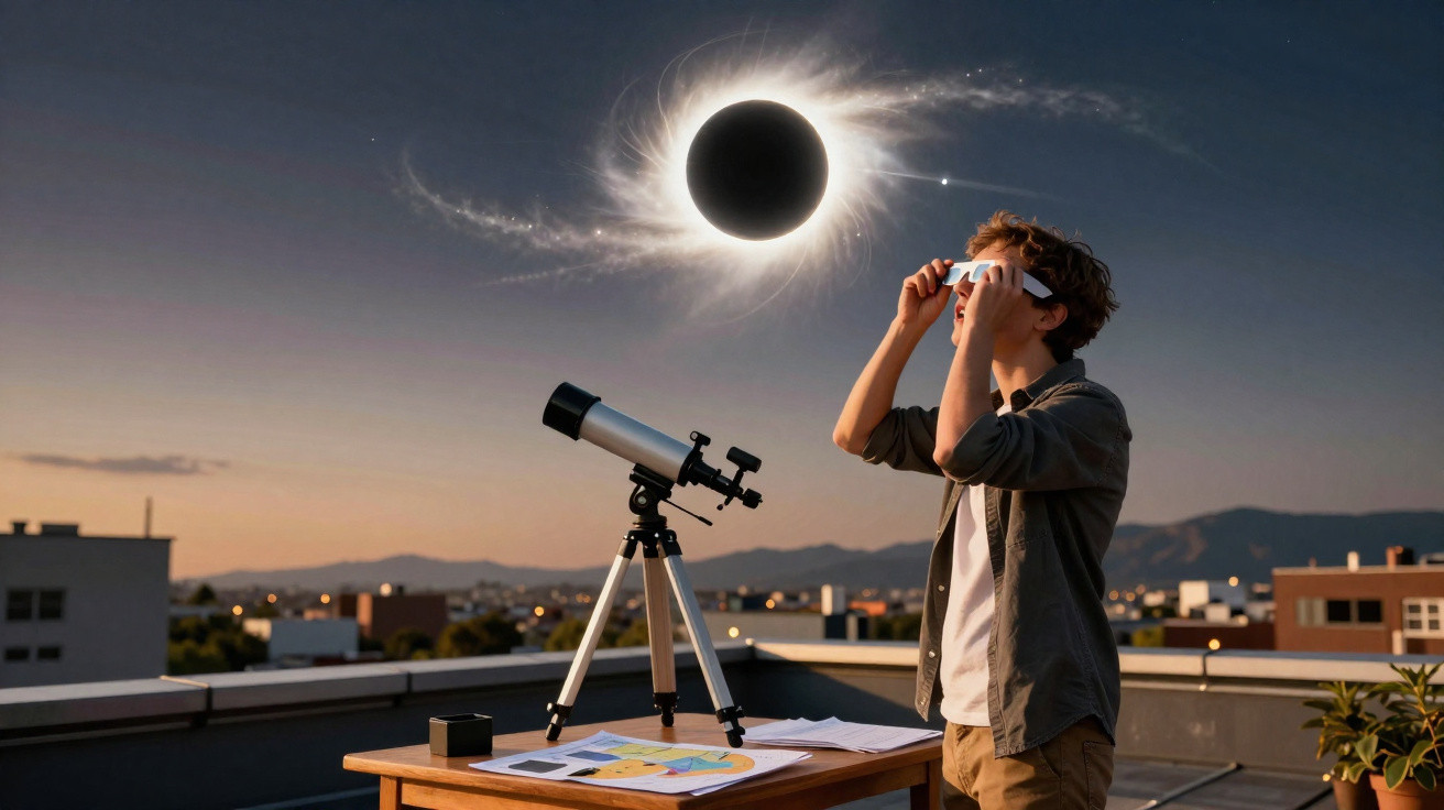 Pessoa usando óculos especiais para observar eclipse solar com telescópio em um terraço ao entardecer.