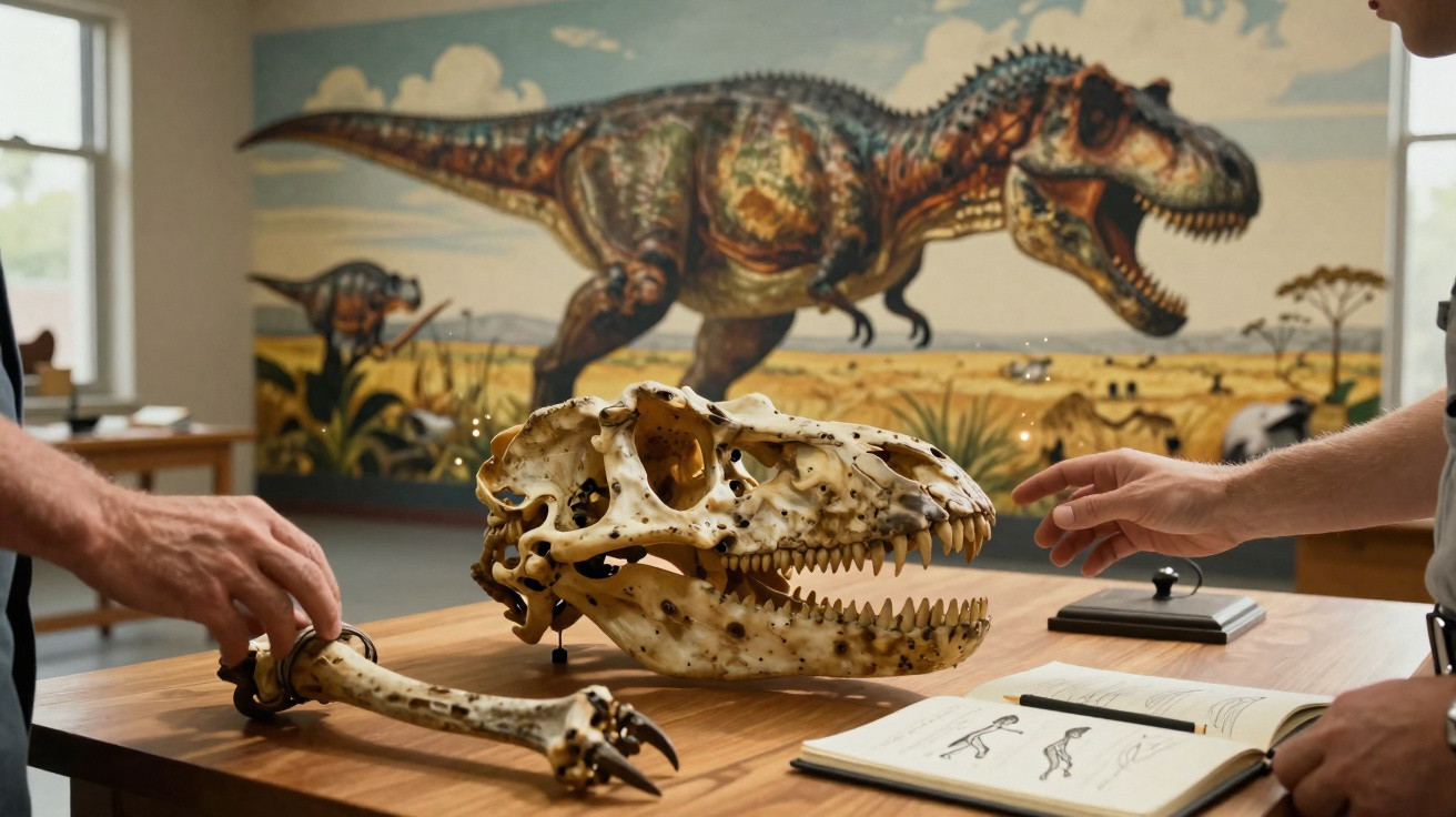 Crânio e garra de dinossauro sobre mesa, com pessoas analisando e pintura de dinossauro ao fundo em museu.
